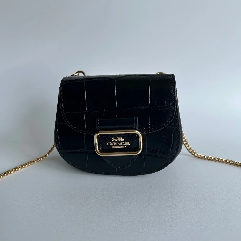Coach Morgan Mini Wallet Card Case on a Chain Black Croc Embossed Leather CN379